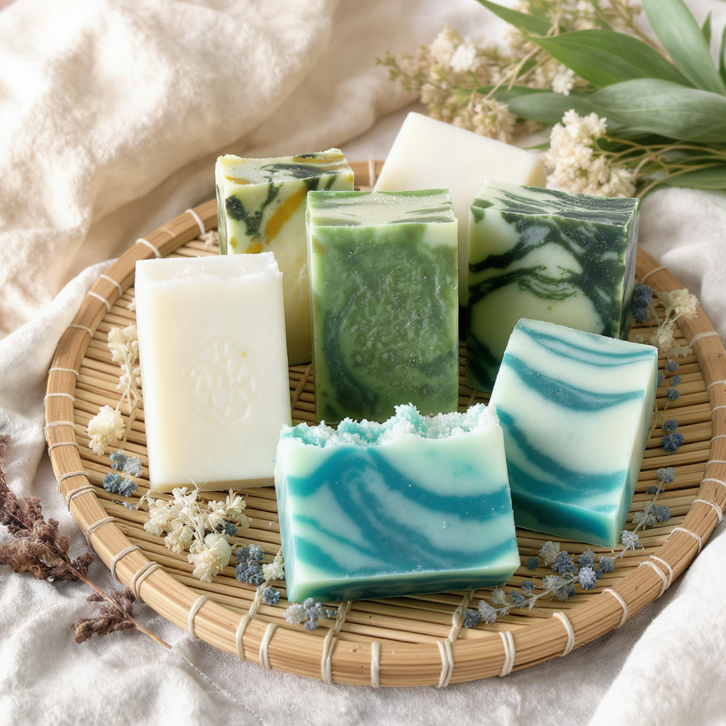 Handcrafted natural soap bars in various colors including sea salt white, seaweed green, and ocean blue, arranged on a bamboo tray with dried flowers and marine botanicals